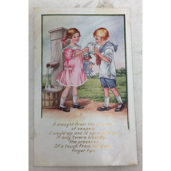 Vintage Antique Girl/Doll Give Boy a Drink Collectible Postcard - Picture 1 of 3
